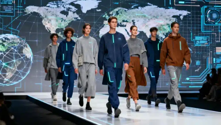Futuristic runway showcasing sustainable digital fashion reflecting global events impact on 2026 trends