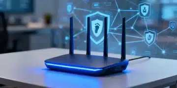 Futuristic VPN router with blue light, symbolizing advanced digital footprint security.