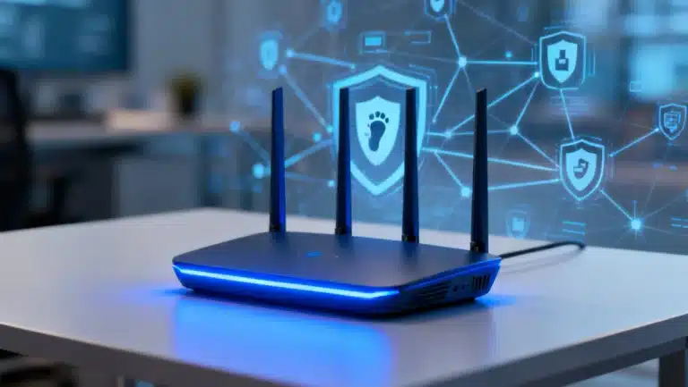 Futuristic VPN router with blue light, symbolizing advanced digital footprint security.