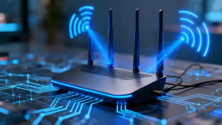 Futuristic Wi-Fi router boosting speed by 25% for 2026 technologies.