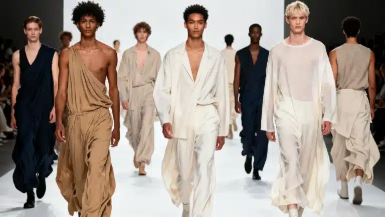 Models showcasing Gender-Neutral Fashion in 2026 on a minimalist runway.
