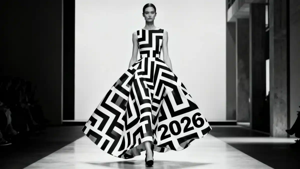 Model wearing oversized geometric print on 2026 fashion runway