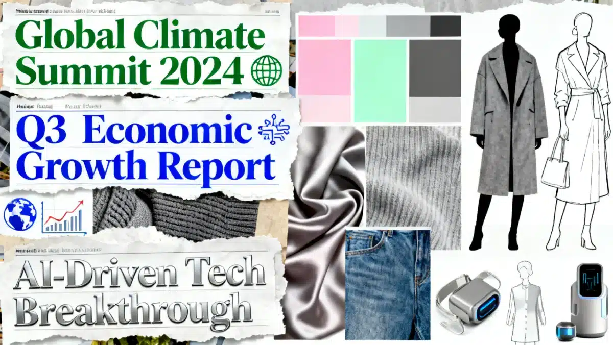 Global headlines and fashion mood boards illustrating the impact of global events on 2026 fashion trends