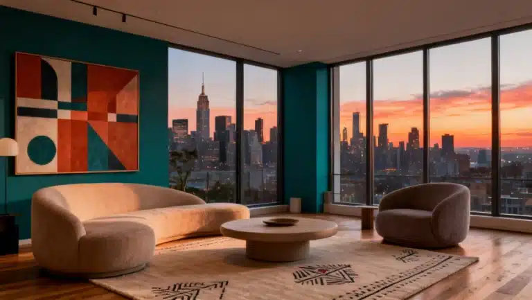Modern living room reflecting The Global Influence on 2026 Interior Design: 4 Unexpected Color Palettes to Adopt Now.
