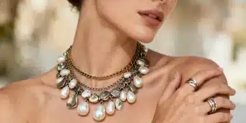 Model showcasing The Top 7 Global Jewelry Trends for 2026, including pearl statement necklace and layered rings.