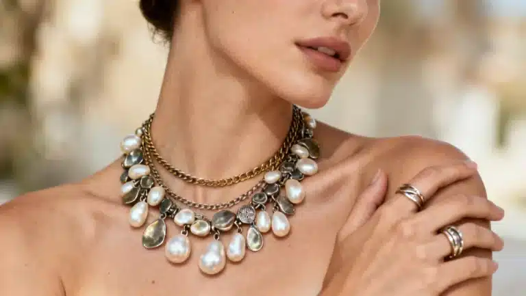Model showcasing The Top 7 Global Jewelry Trends for 2026, including pearl statement necklace and layered rings.