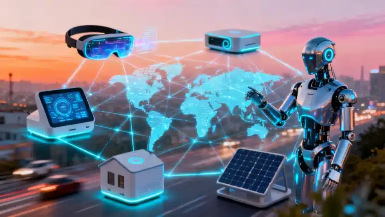 Futuristic electronic products representing the global tech shift and investment opportunities