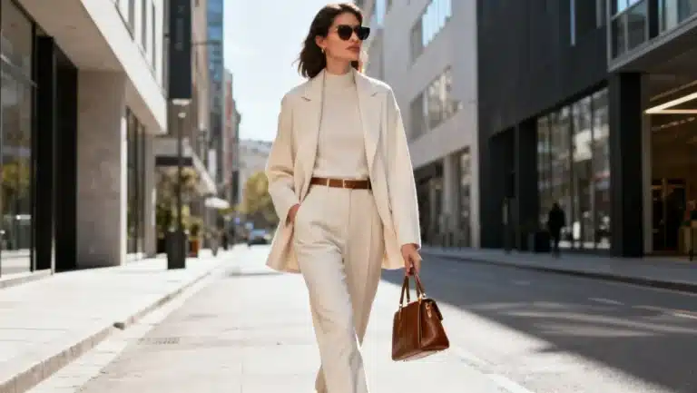 Woman in fashionable, affordable outfit achieving high-end look