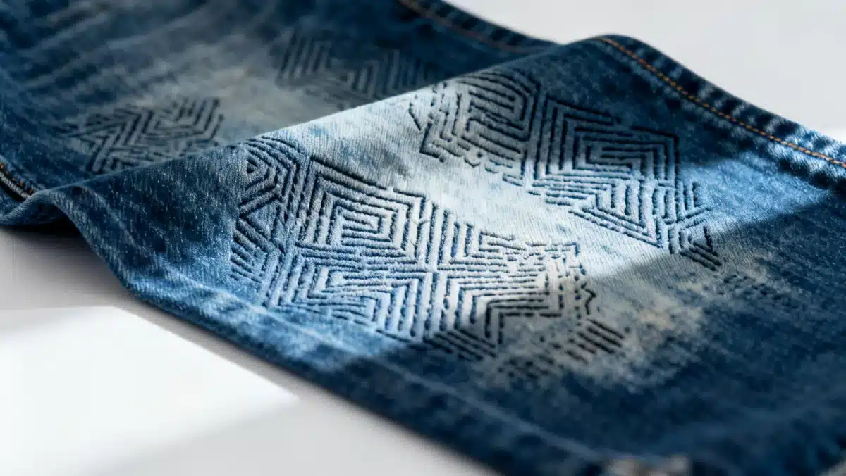 Innovative laser-etched denim wash detail for 2026 trends.