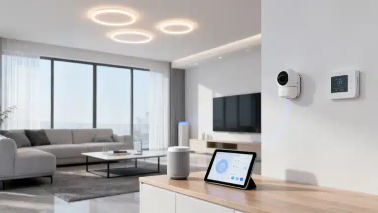 Integrated smart home ecosystem control panel in a modern living room
