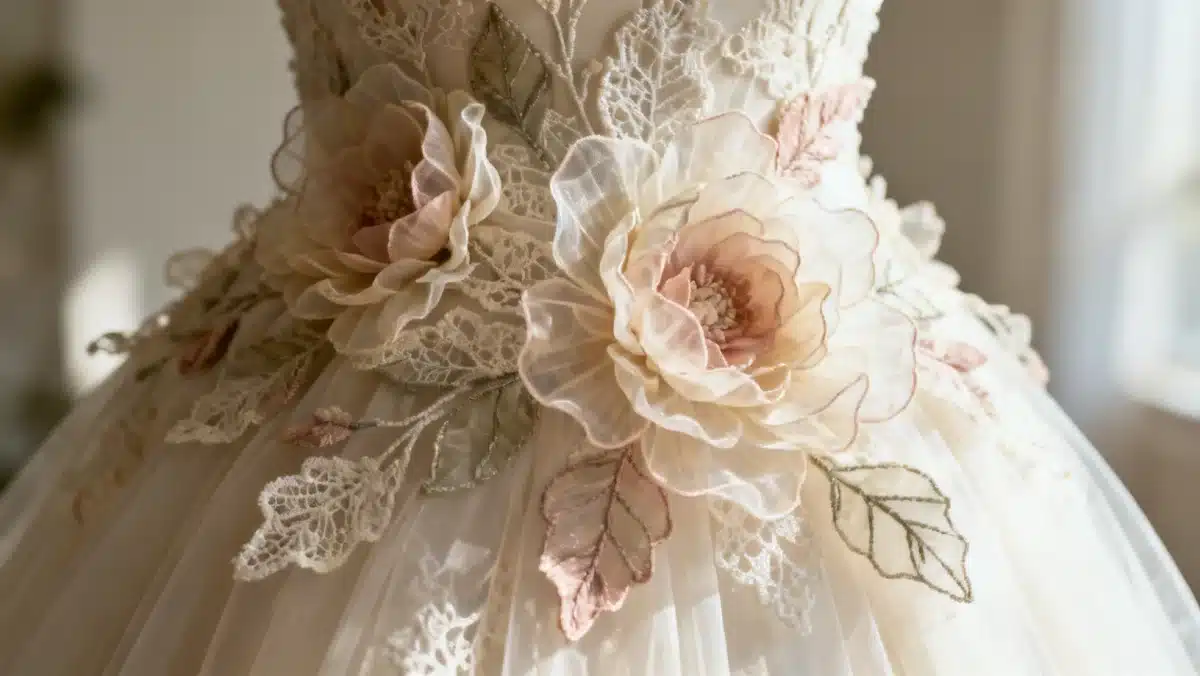 Intricate 3D floral embellishments on a bridal gown, Bridal Fashion 2026 detail