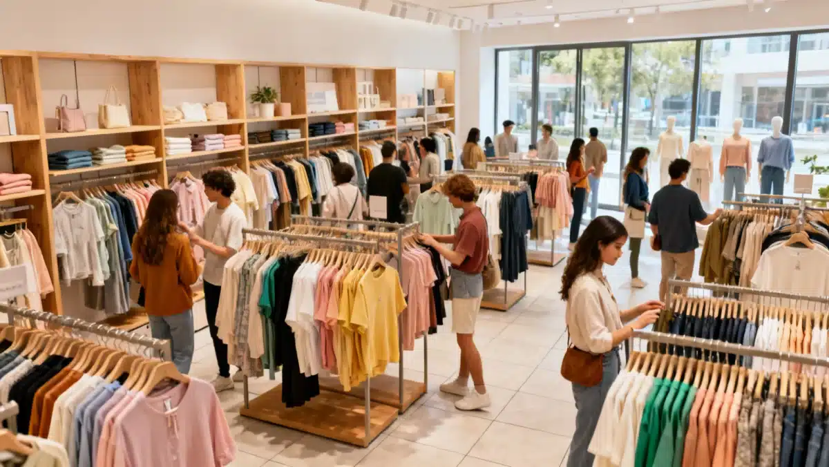 Consumers engaging with affordable, trendy clothing, demonstrating the appeal of low fashion brands dominating 2026 trends.