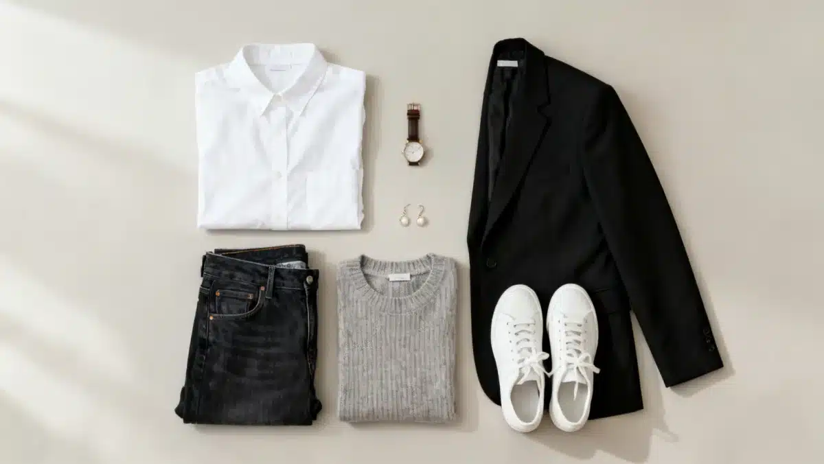 Essential wardrobe pieces from The 2026 Low Fashion Guide to Dressing for Success on a Budget, Featuring 5 Key Looks.