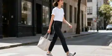 Woman in classic white t-shirt and jeans, embodying low fashion staples to maximize budget.
