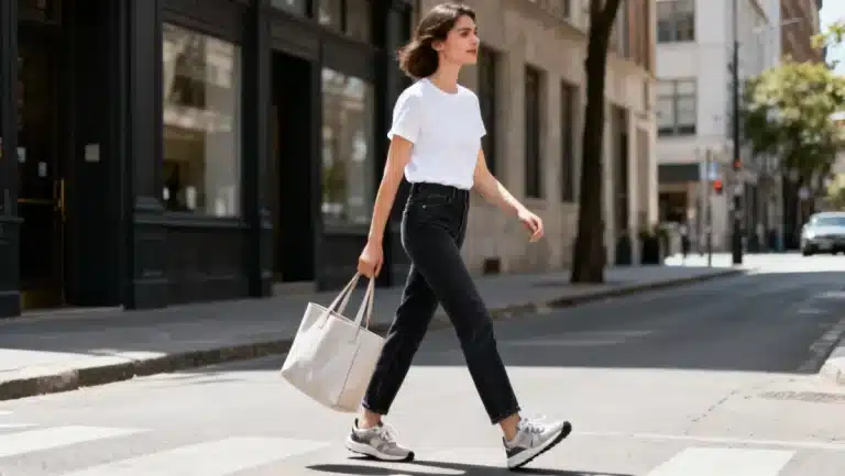 Woman in classic white t-shirt and jeans, embodying low fashion staples to maximize budget.