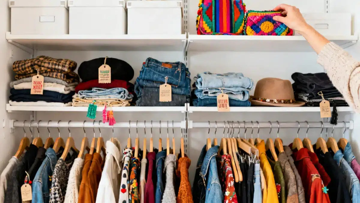 Organized closet demonstrating a low fashion wardrobe refresh