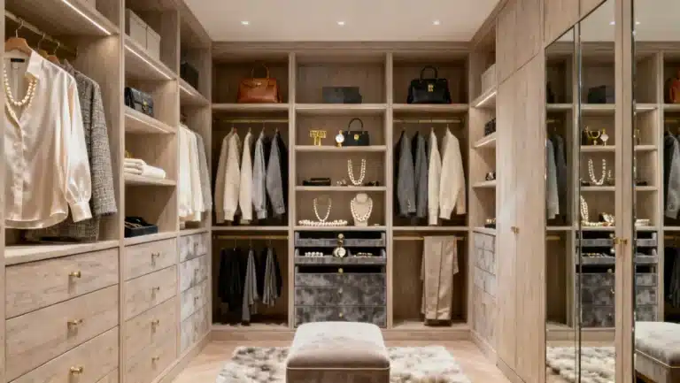 Luxury wardrobe featuring timeless investment pieces for 2026, showcasing high-quality clothing and accessories.