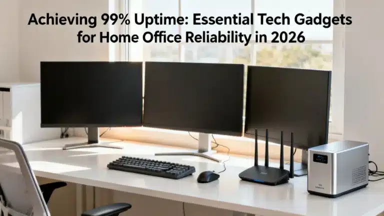 Modern home office setup with essential tech for 99% uptime
