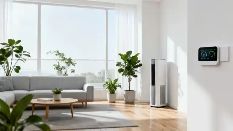 Modern living room with air purifier, showcasing Global Wellness Trends Impacting Home Products in 2026: Achieving a 20% Improvement in Indoor Air Quality.
