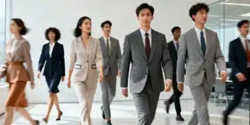 Modern tailored suits for professional women and men in a contemporary office setting, reflecting 2026 fashion trends.