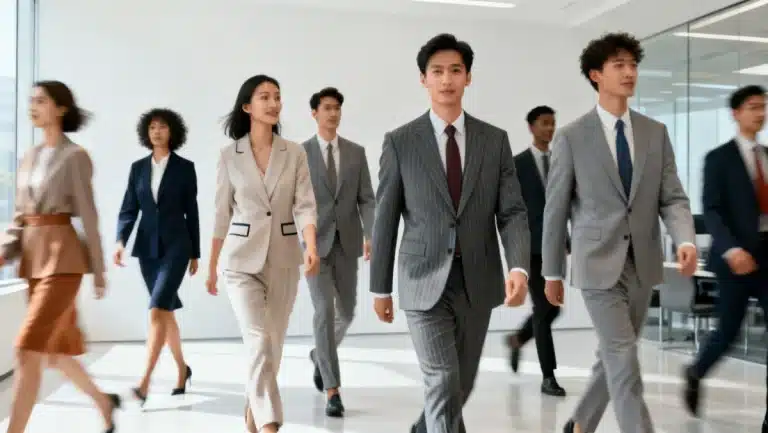 Modern tailored suits for professional women and men in a contemporary office setting, reflecting 2026 fashion trends.
