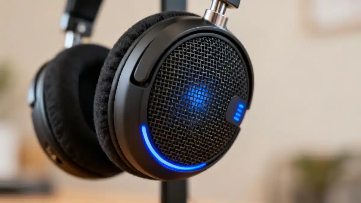 Detail of an advanced noise-canceling headphone earcup, emphasizing comfort and technology.