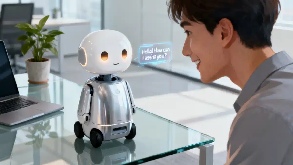 Personal assistance robot interacting in a modern office, demonstrating advanced robotic gadgets 2026 capabilities.