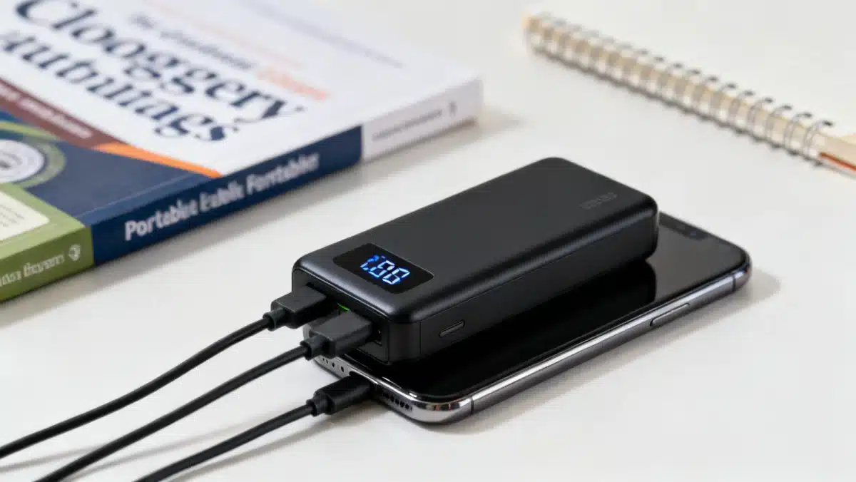 Portable power bank charging a smartphone on a student desk