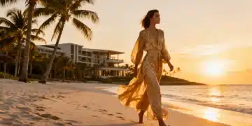 Elegant woman in Resort Wear 2026 walking on beach