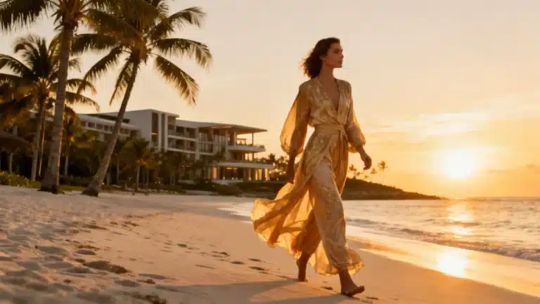 Elegant woman in Resort Wear 2026 walking on beach