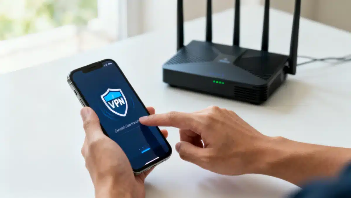 User's hand with smartphone showing secure VPN connection, high-performance router in background.