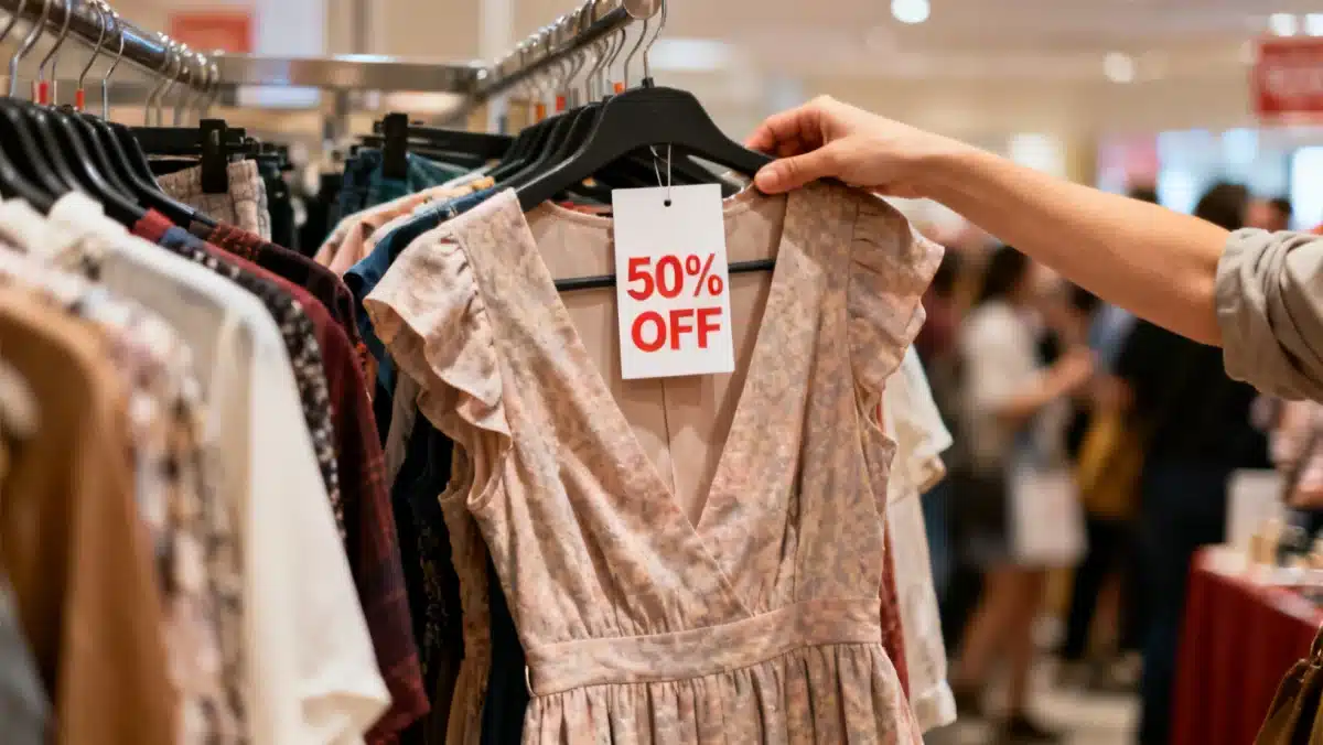 Hand selecting a discounted item at a 2026 low fashion clearance sale event.