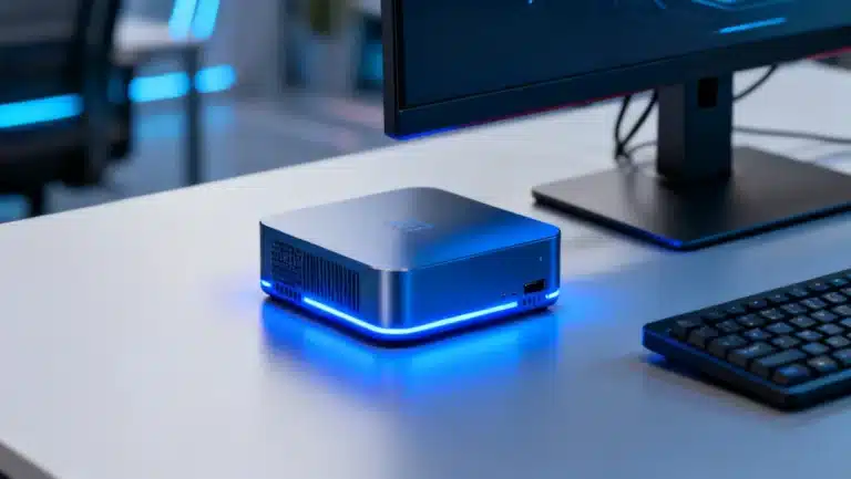 Sleek mini PC with glowing accents on a modern desk, representing compact powerhouses for Spring 2026.