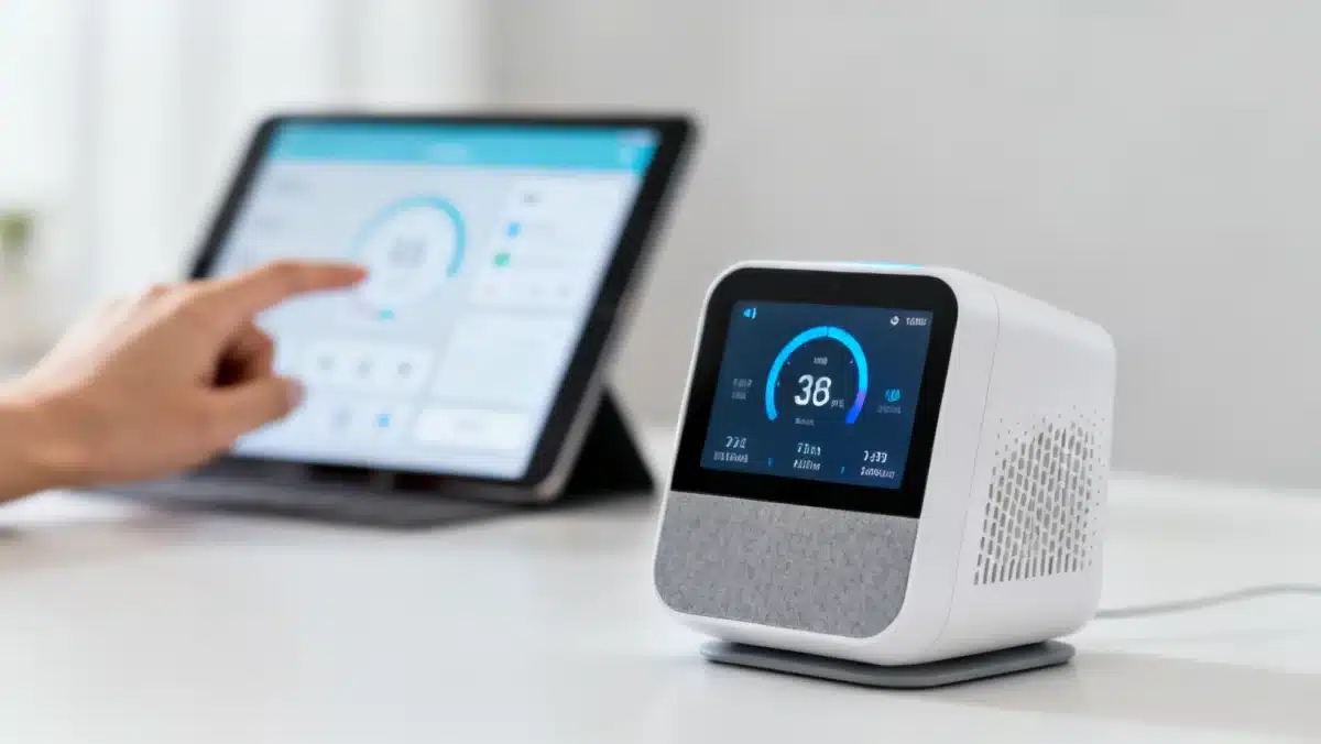 Smart air quality monitor displaying data, central to Global Wellness Trends Impacting Home Products in 2026: Achieving a 20% Improvement in Indoor Air Quality.