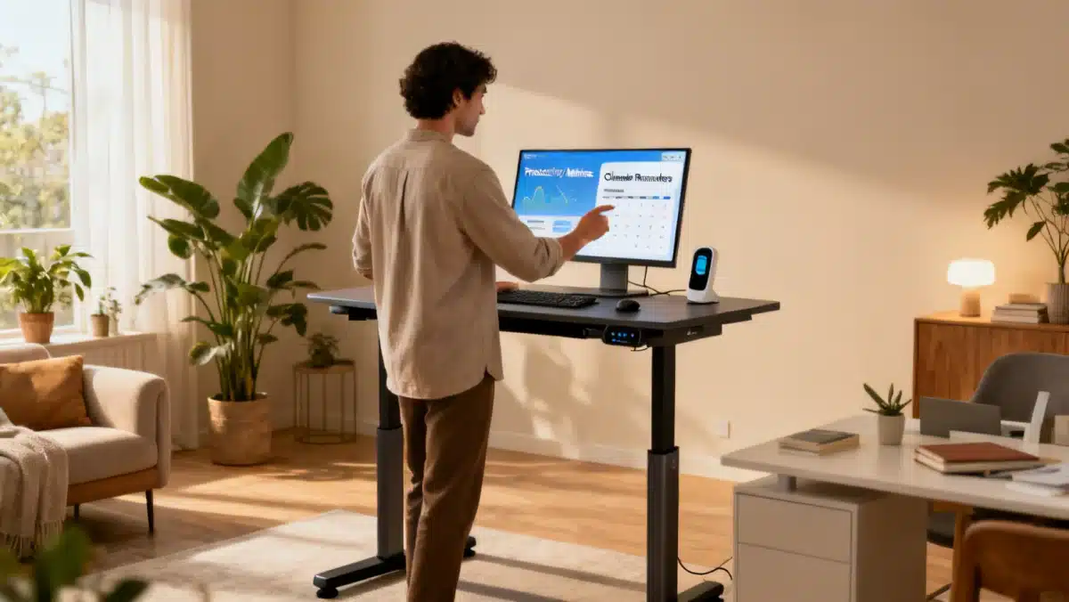 Smart standing desk and display enhancing productivity to achieve a 10% faster workflow