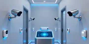 Futuristic smart home security system with integrated gadgets safeguarding a modern residence