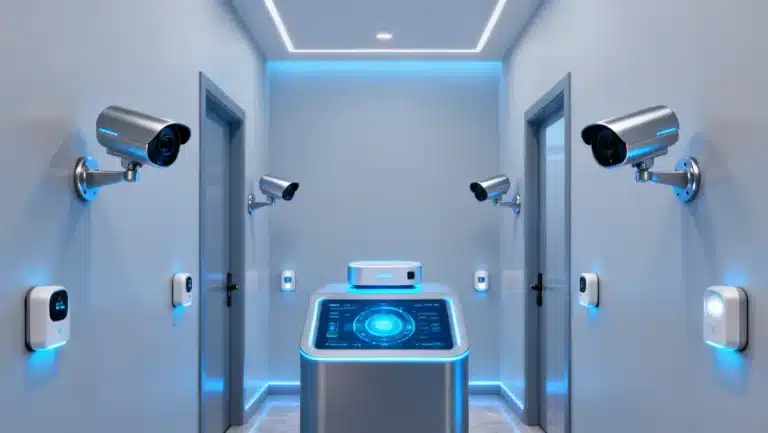 Futuristic smart home security system with integrated gadgets safeguarding a modern residence
