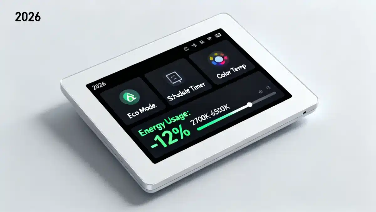 Smart lighting control panel displaying energy savings for 2026 eco-friendly options