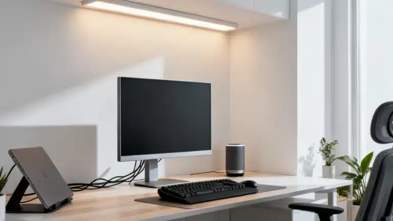 Modern home office with smart gadgets to achieve a 10% faster workflow by 2026