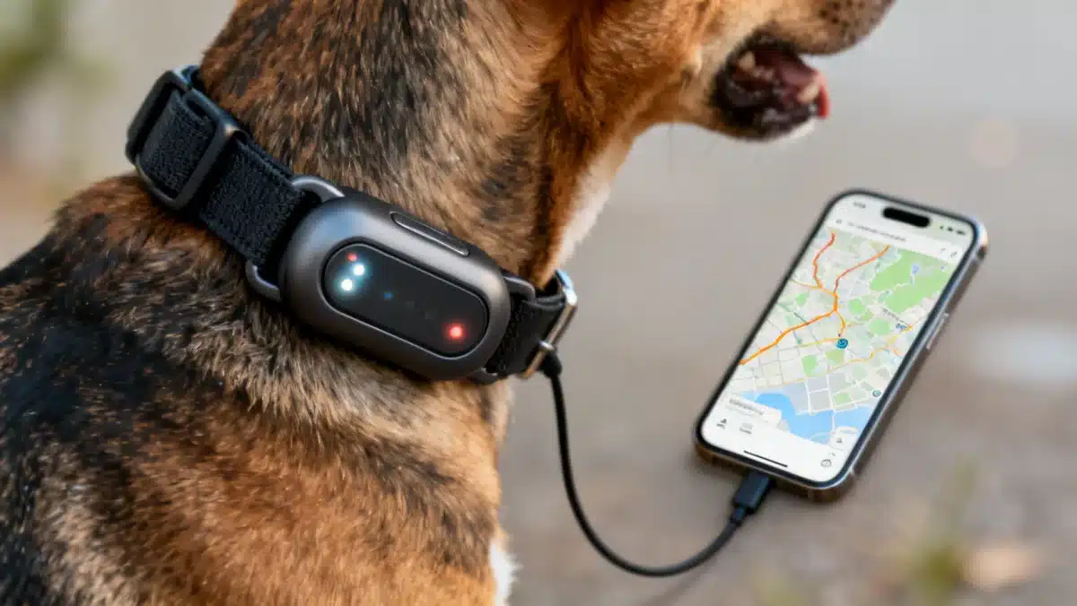 Smart pet tracker on a dog collar with a smartphone showing location, a key feature in the 2026 guide to smart pet gadgets.