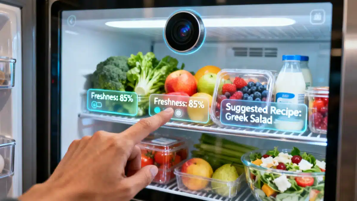 Internal view of a smart refrigerator displaying inventory and recipe suggestions, highlighting Smart Kitchen Appliances of 2026: 5 Innovations That Will Save You 30 Minutes Daily.