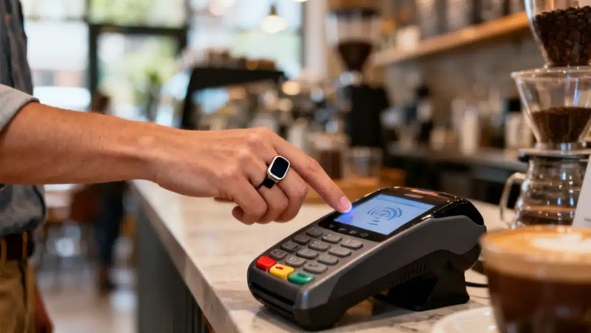 Smart ring facilitating a secure contactless payment at a coffee shop.