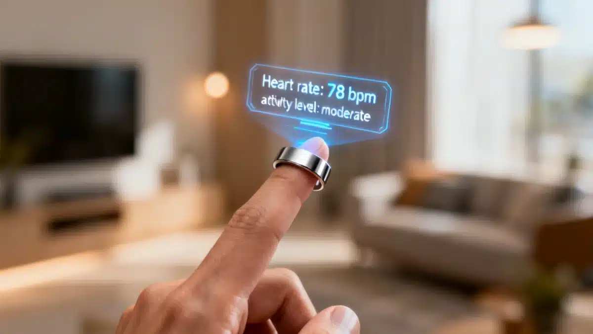 Person wearing a smart ring, one of the Smart Health Monitors of 2026, displaying real-time heart rate data.