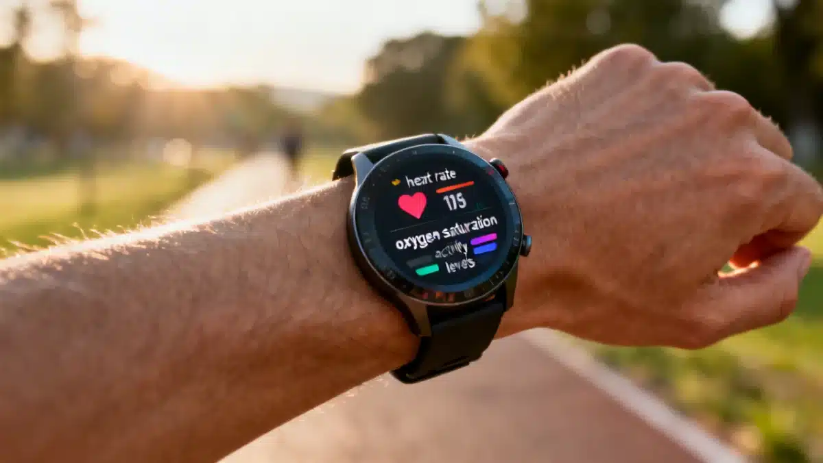 Smartwatch displaying biometric data during a run