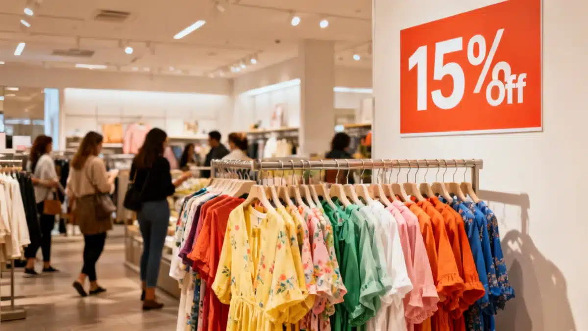 Shoppers exploring spring fashion racks with 15% off discounts in a budget-friendly store.