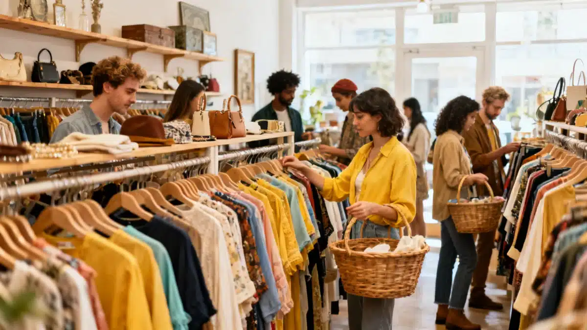 Shoppers browsing for affordable fashion deals in a thrift store