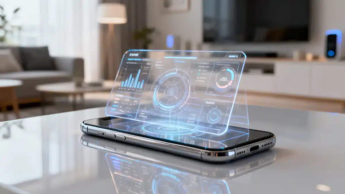 Close-up of a transparent smartphone, an emerging tech gadget for 2026