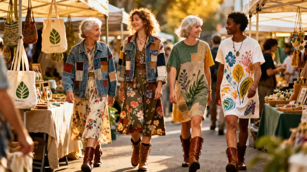 Upcycled fashion trend in 2026, diverse group wearing sustainable clothing