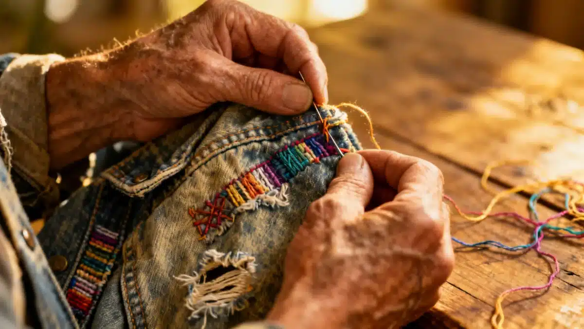 Hands mending clothing, reflecting upcycling and DIY for 5 Low-Cost Fashion Trends for 2026 That Will Save You 20% on Your Wardrobe.