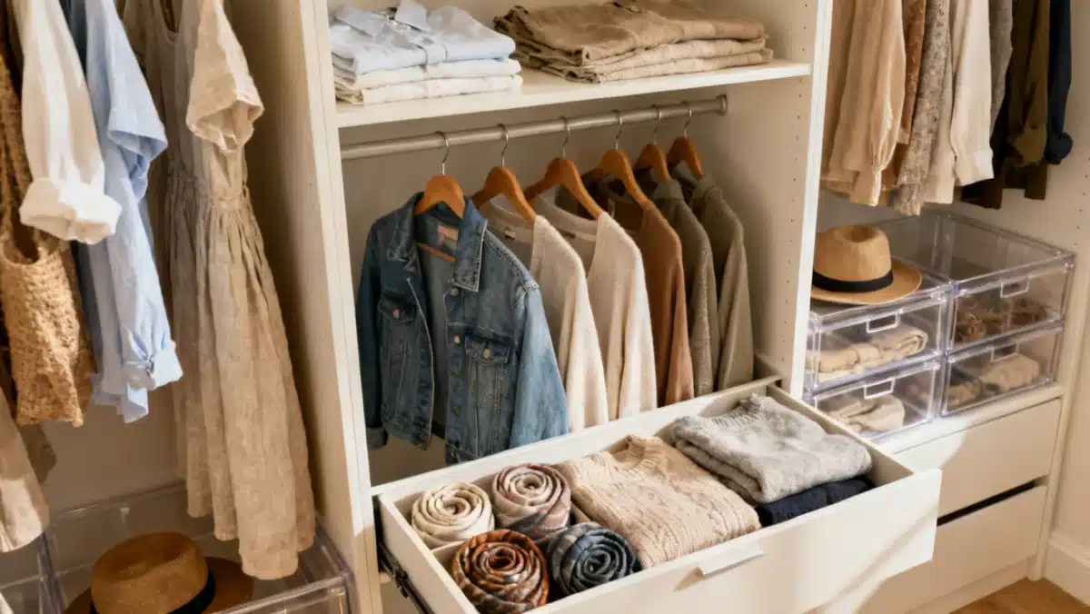 Organized closet with versatile clothing for Seasonal Transitions 2026